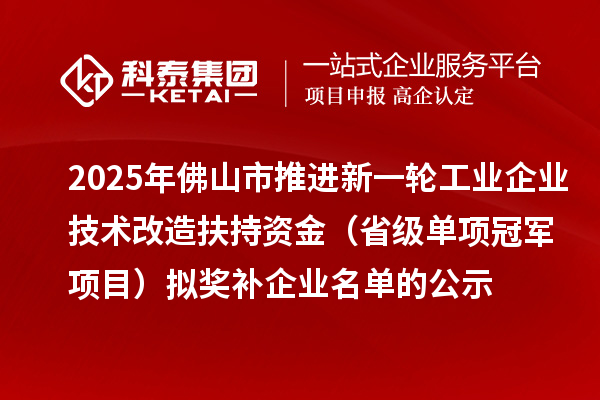 2025年佛山市推進新一輪工業企業技術改造扶持資金 （省級單項冠軍項目）擬獎補企業名單的公示
