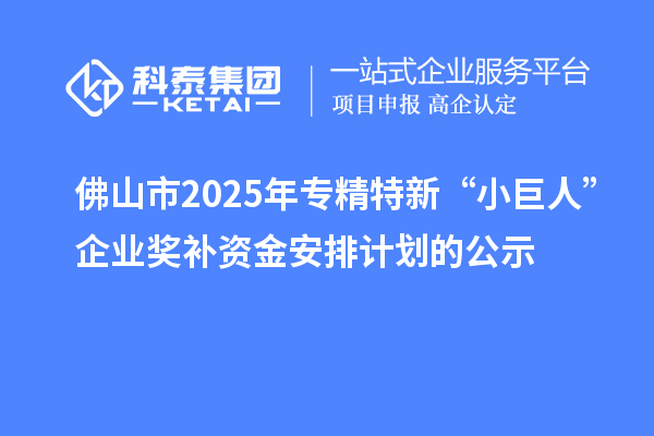 佛山市2025年專精特新“小巨人”企業獎補資金安排計劃的公示